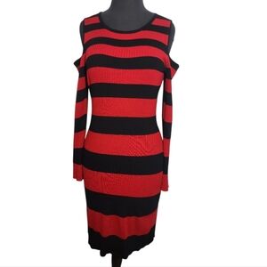 Say What? red black striped long sleeve cold shoulder ribbed sweater dress 1X